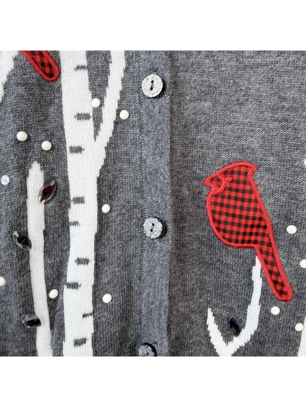 CJ Banks Gray Women’s Sweater Button Up Cardigan Red Cardinals 1X Birch Trees - Picture 4 of 9